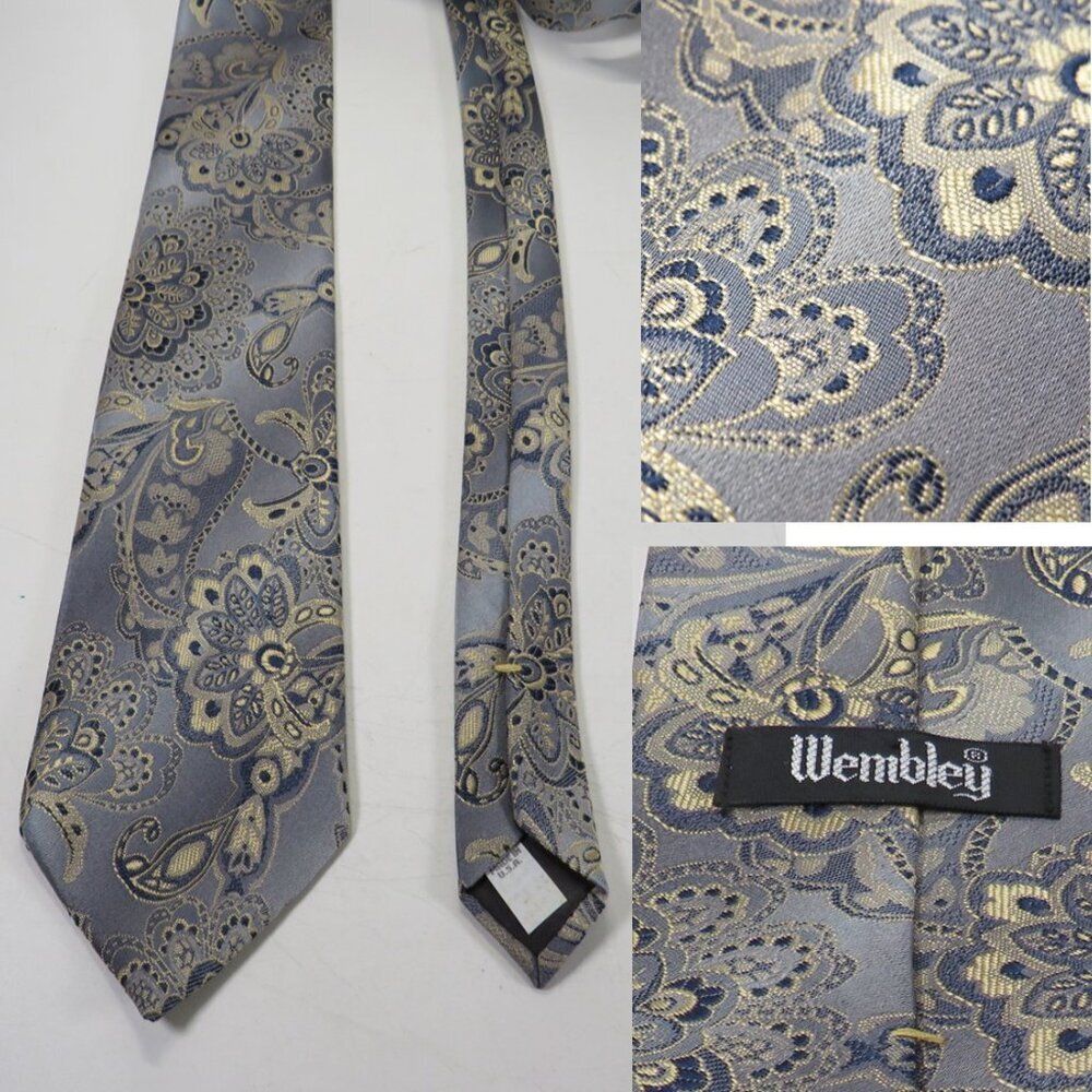 Vintage Gray Brocade w yellow Polyester 3% silk by Wembley USA Necktie
